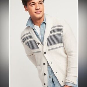 Men's Cream Blue CardiganStripes Textured-Stripe Shawl-Collar Button-Front NWT